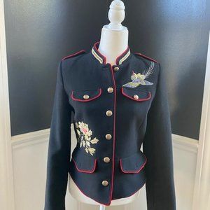 Zara Women's Long Sleeve Black Embroidered Military Jacket - Size M
